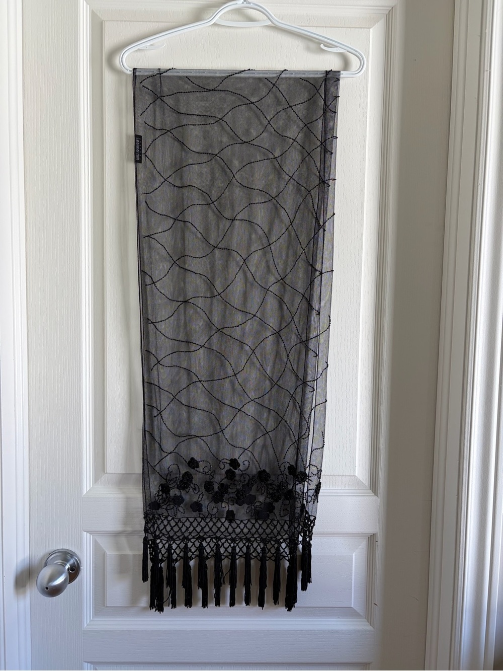 Holt Renfrew Embroidered Black Sheer Fringe Scarf